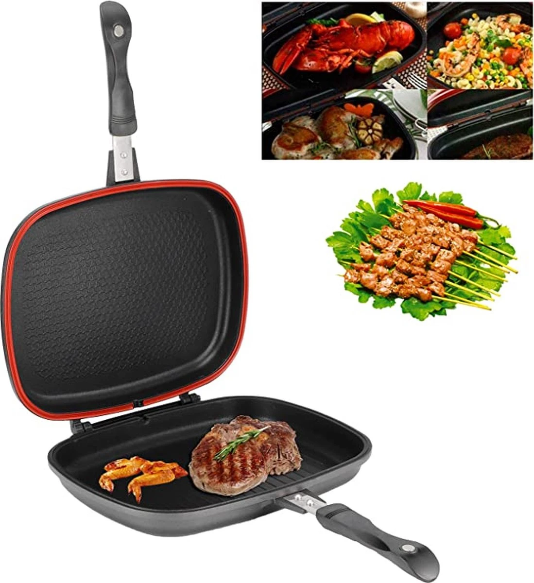 Herenthal Dubbele Grillpan - Ø 28 Cm - Koekenpan - Keramische Pan - Marmeren Coating Met Antiaanbaklaag - PFAS & PFOA Vrij - Pan - Grill - Vermindert Geur, Rook En Oliespatten - Zilver