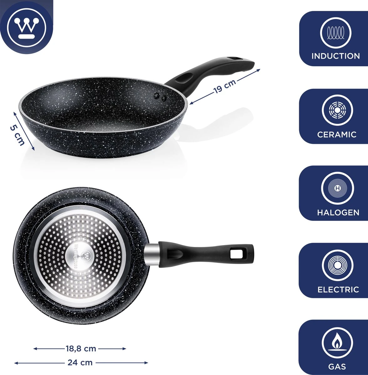 Westinghouse Koekenpan Inductie - Ø 24 Cm - Zwart Marmer - Geschikt Voor Alle Warmtebronnen 2 Westinghouse Koekenpan Inductie - Ø 24 Cm - Zwart Marmer - Geschikt Voor Alle Warmtebronnen - Afbeelding 2