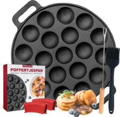 MM Brands Poffertjespan - Poffertjesmaker - Inductie / Oven / BBQ - Inclusief Handvat, Borstel En Vorken