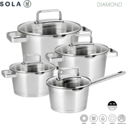 Sola Pannenset Diamond - 4 Delig - Ø 16,16,18,20 Cm - Zilver - RVS - Sandwichbodem 19 Sola Pannenset Diamond - 4 Delig - Ø 16,16,18,20 Cm - Zilver - RVS - Sandwichbodem -Keukenpotten Winkel 1200x1183