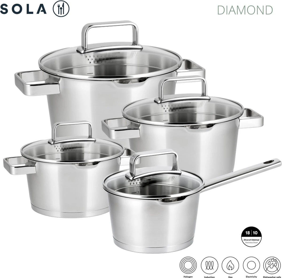 Sola Pannenset Diamond - 4 Delig - Ø 16,16,18,20 Cm - Zilver - RVS - Sandwichbodem 9 Sola Pannenset Diamond - 4 Delig - Ø 16,16,18,20 Cm - Zilver - RVS - Sandwichbodem - Afbeelding 9
