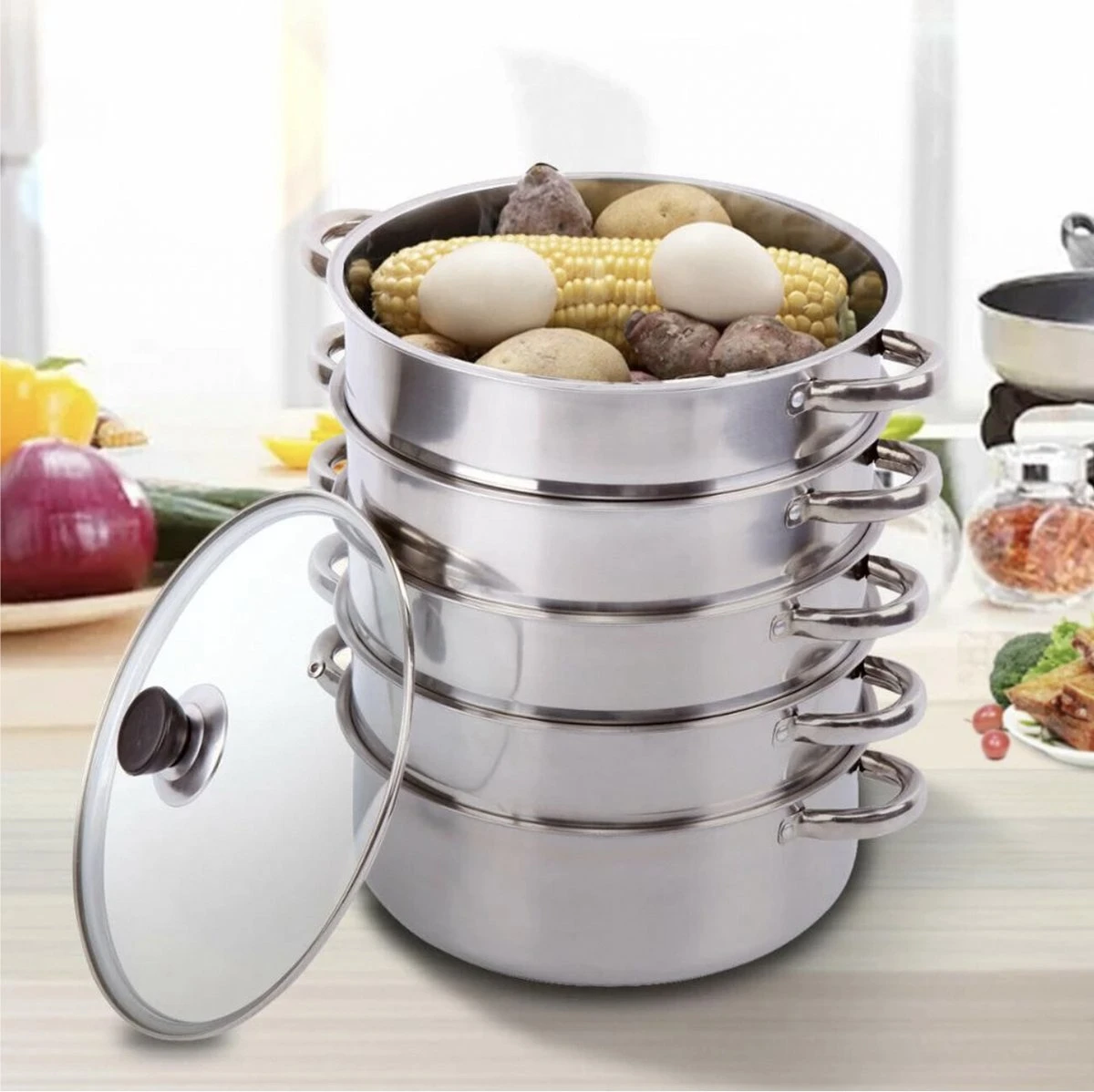 Service96 - Stoompan - 5 Lagen - Roestvrij Staal - Dikke Stoompan - Soeppan - Universele Kookpotten - Voor Inductiekookplaat, Gasfornuis - Kookgerei 4 Service96 - Stoompan - 5 Lagen - Roestvrij Staal - Dikke Stoompan - Soeppan - Universele Kookpotten - Voor Inductiekookplaat, Gasfornuis - Kookgerei - Afbeelding 4