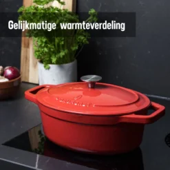 Daumonet Bocuse Rouge Gietijzeren Braadpan - Sudderpan Kersen Rood - Ovaal - Ø 29 Cm - 3 Liter - PFAS & PFOA Vrij - Emaille - Geschikt Voor Alle Warmtebronnen - Elektrisch - Gas - Halogeen - Inductie - Keramisch - Vaatwasserbestendig -Keukenpotten Winkel 1200x1200 1142