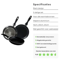 Cheqo® PRO 3-Delige Koekenpannenset - Koekenpan Set - Pannenset - Geperst Aluminium - Geschikt Voor Gas, Elektrisch, Keramisch, Halogeen Koken -Keukenpotten Winkel 1200x1200 446