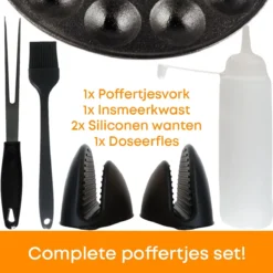 YUGN BLACK Poffertjespan Poffertjesmaker 6 Delige Set - 19 Poffertjes Incl Doseerfles Kwast Poffertjesvork Siliconen Ovenwanten - Platte Onderkant Poffertjespan Inductie Poffertjespan Elektrisch - Cadeau Tip -Keukenpotten Winkel 1200x1200 733