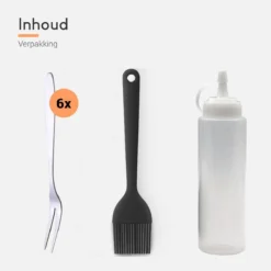 Ocina Poffertjespan Accessoires Set - Doseerfles - Poffertjes Spuitfles - 6x Poffertjes Vork - Kwast - Siliconen Kwast - Bakkwast - Gratis Poffertjes E-Book -Keukenpotten Winkel 1200x1200 783