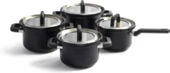BK Flow Cool Black Glas Kookpannenset - 4-delig - Zwart - Glazen Deksel - Veilig Afgietsysteem - Inductie