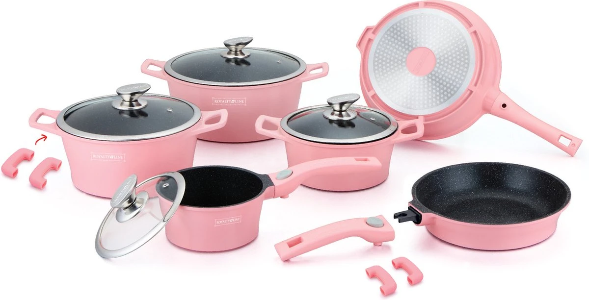 Royalty Line - Set Lot 14-delige Pannenset Inductie - Glazen Deksel - Met Afneembare Handgreep - Marmeren Interieur -PFAS-vrij - Roze Kleur 1 Royalty Line - Set Lot 14-delige Pannenset Inductie - Glazen Deksel - Met Afneembare Handgreep - Marmeren Interieur -PFAS-vrij - Roze Kleur