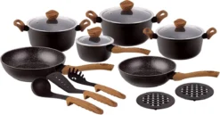 15 Delig Pannenset - Marmeren Coating - Hapjespan - Kookpan - Marmeren Coating - Met Glazen Deksels - Zwart