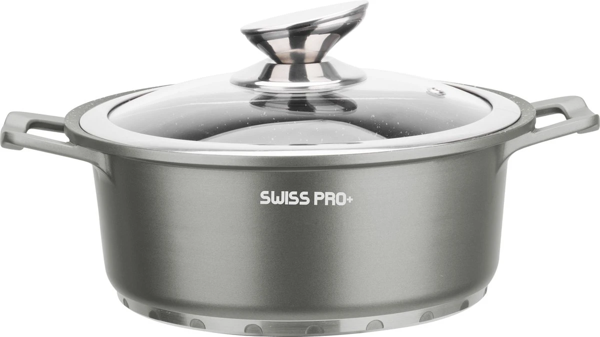 Swiss Pro+ | Set 14 Delige Pannenset | Inductie - Pannensets - Glazen Deksel - Met Afneembare Handgreep - Marmeren Interieur -PFAS-vrij | Grey / Silver 8 Swiss Pro+ | Set 14 Delige Pannenset | Inductie - Pannensets - Glazen Deksel - Met Afneembare Handgreep - Marmeren Interieur -PFAS-vrij | Grey / Silver - Afbeelding 8