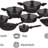 Swiss Pro+ | 33 - Delige Steengoeden Pannenset | Afneembare Handgrepen, 6 Potten + 2 Pannen + Pollepelbodem + 2 Pollepels + 6 Deksels + 12 Handgrepen + Accessoire. - Zwart - SP-3301