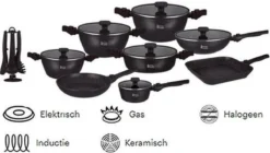 Swiss Pro+ | 33 - Delige Steengoeden Pannenset | Afneembare Handgrepen, 6 Potten + 2 Pannen + Pollepelbodem + 2 Pollepels + 6 Deksels + 12 Handgrepen + Accessoire. - Zwart - SP-3301