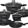 Cheffinger Pannenset - 10 Delig - Marmeren Coating - Inductie - Met Glazen Deksels - Zwart